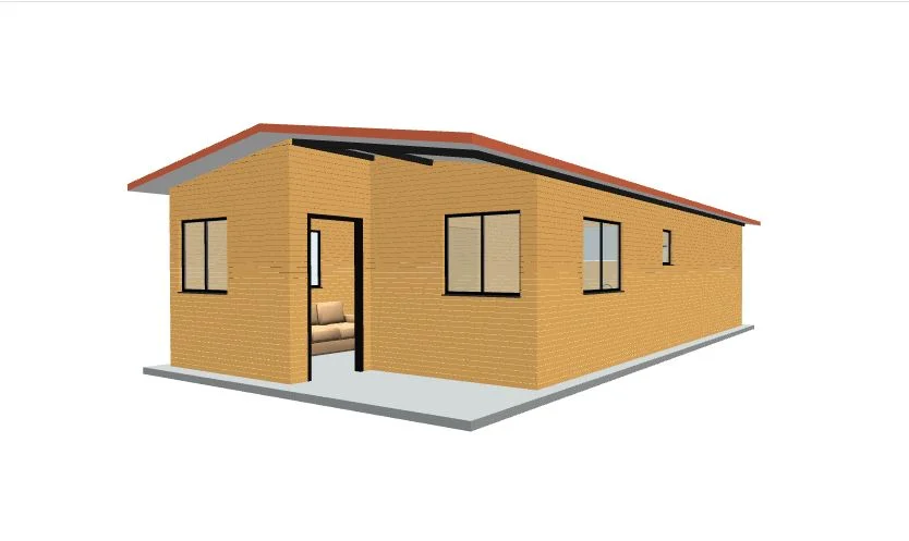 Visualização 3D isométrica de uma casa de tijolo ecológico