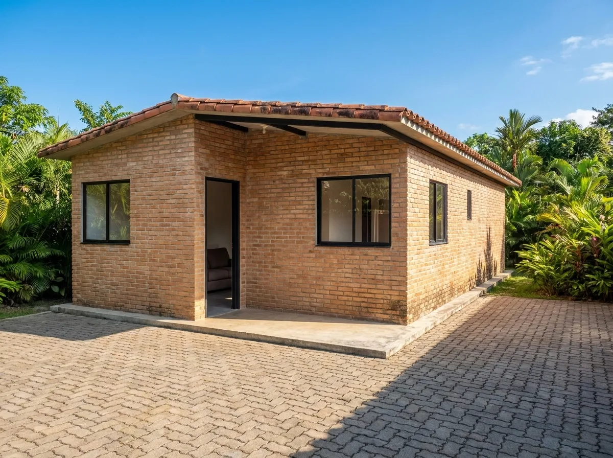 Render foto-realista por IA de fachada de casa em tijolo ecológico